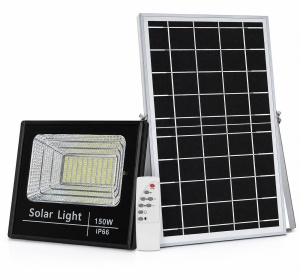 Proiector solar LED 150W cu panou solar 15W, 120 LED-uri, Telecomanda, Grad protectie IP66