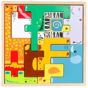Puzzle educativ pentru copii 2 ani+, tip tetris 3D cu animale, din lemn, 19.6x19.6x1.5 cm, multicolor - Img 3