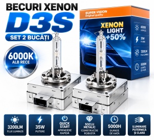 Set 2 Becuri Xenon D3S HID – lumină alb rece 6000K, Quick Start și soclu metalic - Img 3