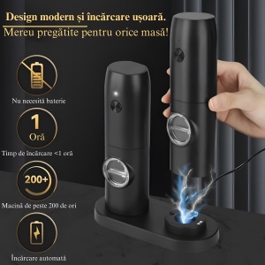 Set 2 rasnite electrice pentru condimente, Incarcare USB, Lumina LED, Culoare Negru - Img 4