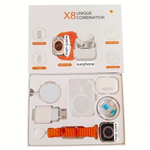 Set complet cu Smartwatch X8 de 2", casti in-ear wireless, incarcator, cabluri, baterie externa, 8 in 1, negru/portocaliu/alb-gri - Img 5