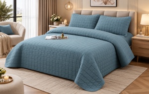 Set Cuvertură Pat Matrimonial 4 Piese Bumbac, Cuvertură 230x240 cm, Cearșaf cu Elastic 180x200 cm, 2 Fețe de Pernă 55x80 cm,Culoare Albastru