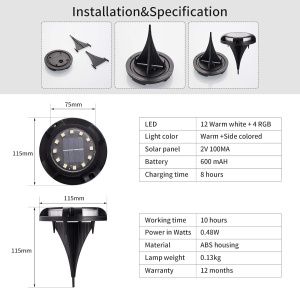 Set de 4 lampi solare pentru gradina, gazon, pardoseala, alee sau perete cu LED-uri RGB, IP65 - Img 5