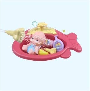 Set de joaca pentru copii 3+ ani, cu cadita in forma de peste, bebelus si accesorii baie, stropeste cu apa, 34x34 cm, multicolor - Img 1