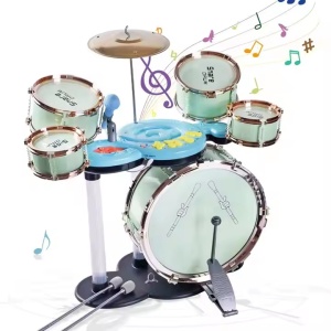 Set de tobe de jazz pentru copii cu muzica si scaunel, roz/verde