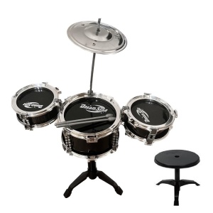 Set de tobe jazz de jucarie, din 4 piese, cu scaun, pentru copii 3+ ani, 55x54x30cm, negru-gri