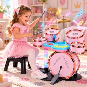Set Tobe Jazz pentru Copii, 5 Tobe, 12 Moduri Muzicale, Lumini, Conectare Microfon și Căști, Volum Reglabil, Scăunel și Bețe, 3 Ani+, Roz/Verde - Img 8