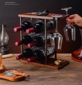 Suport pentru 6 sticle vin si 2 pahare din otel si lemn - Img 5
