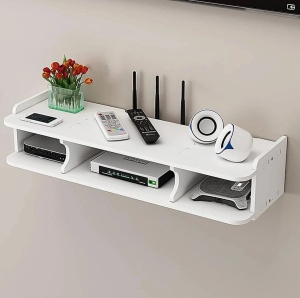 Suport pentu router si alte obiecte, cu 3 compartimente si o polita, 60cm lungime, alb - Img 2