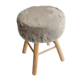 Taburet (otoman) decorativ cu cadru si 4 picioare din lemn, captusit cu tesatura cu aspect de blana cu buline , Ø32x42 cm, bej - Img 2
