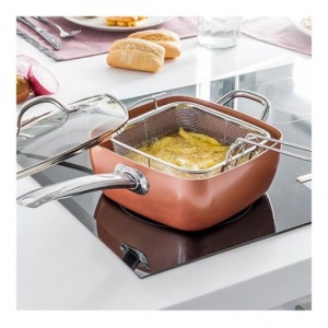 Tigaie patrata multifunctionala cu capac, sita pentru prajit si tava pentru abur, 24x24x9.5cm, aramiu - Img 4