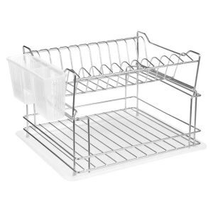 Uscator de vase, din metal, pe 2 nivele, cu tava si suport tacamuri, dimensiuni 36x29x22cm, argintiu - Img 2