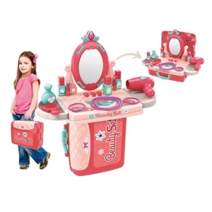 Valiza cutie de bijuterii cu oglinda si accesorii, include 14 piese, 26x10x20cm, roz-verde