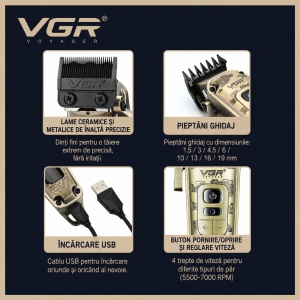 Aparat de tuns profesional VGR V-005, Autonomie 250 Minute, Lama Ceramica, Display LED, USB, Auriu Vintage - Img 6