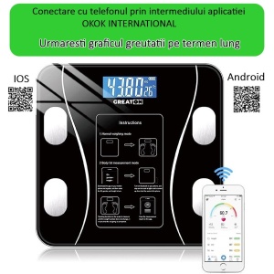 Cantar corporal inteligent, cu diagnostic si termometru, USB, Bluetooth, App pentru fitness, din sticla securizata, LCD, negru - Img 8