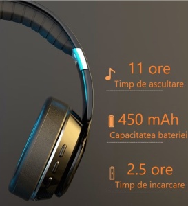Casti wireless over the ear, pliabile, bluetooth, microfon, autonomie 11h, radio, HiFi, noise canceling, negru - Img 4