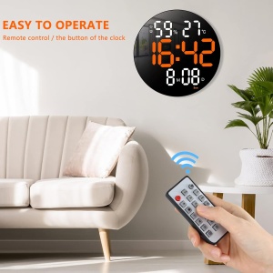 Ceas digital LED de perete, rotund, cu telecomanda, afisaj alb-portocaliu, negru - Img 2