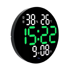 Ceas digital LED de perete, Rotund, Telecomanda, Afisaj Alb-Verde, Culoare Negru