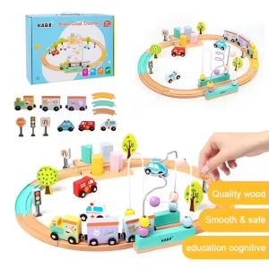 Circuit cu trenulet interactiv din lemn, cu 20 piese, bile, animale, masini si copaci - Img 5