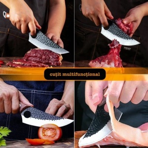 Cutit Japonez din Otel Inoxidabil, Forjat Manual, Husa Piele Ecologica, Maner Ergonomic din Lemn, Lama de 15cm, Maro - Img 5