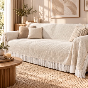 Cuvertura decorativa pentru canapea cu patru locuri, Model cu franjuri albe, Dimensiune 340x180 cm, Crem - Img 2