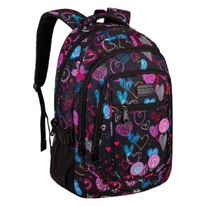 Ghiozdan pentru scoala, model cu inimi colorate si 3 Insigne, 35x14x46 cm, negru