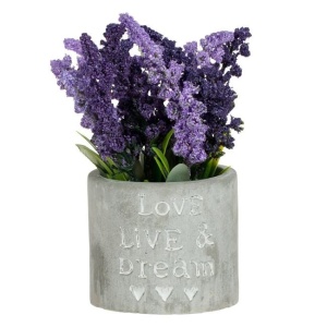 Ghiveci decorativ cu planta de lavanda artificiala, ghiveci cu mesaj sculptat, Ø8x17 cm, gri/mov - Img 1