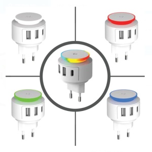 Incarcator cu 2 porturi USB si 1 port Type C, Sistem de iluminare, Alb