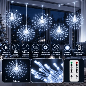 Instalatie LED cu 5 Artificii Decorative, Lungime 5m, 600 LED, 8 Moduri de Iluminare, Interior/Exterior, IP44, Alb Cald/Alb Rece/Multicolor - Img 5