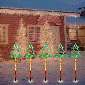 Instalatie Solara Decorativa cu 5 Braduti, pentru Gradina, 40cm Lungime, Lumina Rosu cu Verde - Img 5