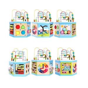 Jucarie educativa din lemn, Montessori, Hexagon cu activitati, 8 in 1, copii 1-6 ani, 30x38 cm, multicolor - Img 2