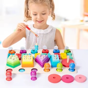 Jucarie educativa pentru copii 3 ani+, 4 in 1, cu 4 jorcuri diferite, din lemn, 32x19x5 cm, multicolor - Img 1