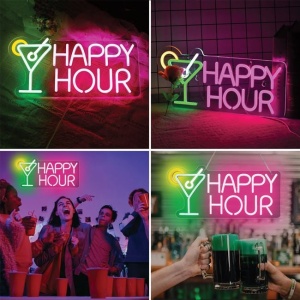 Lampa LED neon colorat, model cu scris "Happy Hour" Cocktail, Cablu de 1.8M inclus, Dimensiune 43x21 cm - Img 2