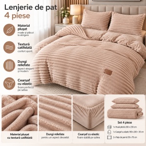 Lenjerie de Pat Matrimonială, 4 Piese, Material Plușat cu Textură Catifelată, Model cu Dungi Reliefate, Cearșaf cu Elastic, Culoare Crem - Img 2