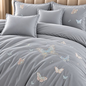 Lenjerie de Pat Matrimonială din Bumbac Satinat, 6 Piese, Cearșaf cu Elastic, Broderie Fluturi,Culoare Gri deschis - Img 3