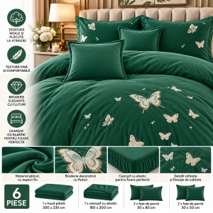 Lenjerie de Pat Matrimonială din Bumbac Satinat, 6 Piese, Cearșaf cu Elastic, Broderie Fluturi, Culoare Verde smarald - Img 2