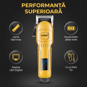 Masina de tuns profesionala cu afisaj digital - Model VGR V-268 - Fara fir incarcare cu USB - Auriu - Img 4