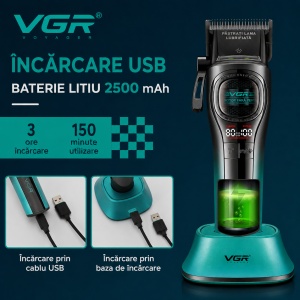 Masina de tuns profesionala VGR V-888C, Motor 7000/8000 RPM, Acumulator 2500 mAh, Display LED, 6 Piepteni Inclusi - Img 7