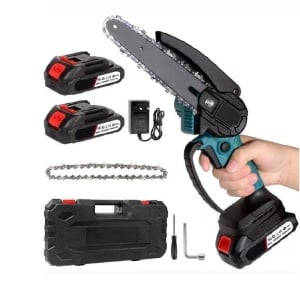 Mini drujba electrica fara fir, cu lama de 4 inci, 2 acumulatori de 48V, valiza si accesorii, negru-albastru - Img 1
