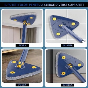 Mop triunghiular, cu stoarcere si rezerva extra, pentru podele, geamuri sau alte suprafete, maner telescopic, albastru - Img 9