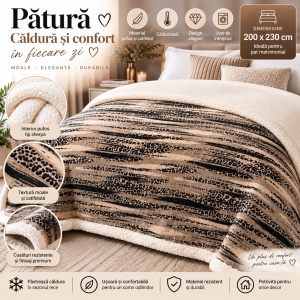 Pătură de pat matrimonială cu captuseala din lână, 200x230 cm, moale, pufoasă și călduroasă, model Dungi Safari - Img 2