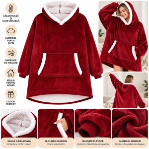 Patura Hanorac Oversize cu Gluga si Buzunar, Captuseala Pufoasa, Moale si Calduroasa, Unisex - Img 13