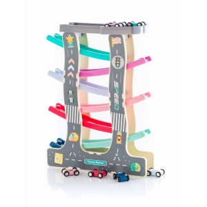 Pista cu 8 masinute, circuit cu rampe colorate, din lemn si plastic, pentru copii 3 ani+, 40x30cm, multicolor - Img 1