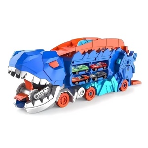 Pista pliabila cu camion in forma de dinozaur, cu 2 vehicule, 46x15x30cm, albastru