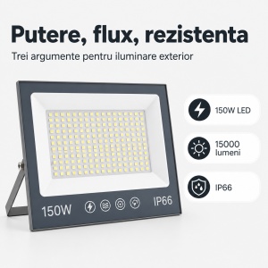 Proiector cu LED-uri de 150W, 15000LM, pentru exterior sau interior, IP66, din sticlă mată anti-orbire - Img 2