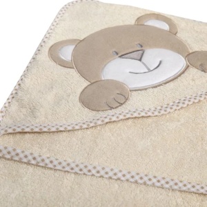 Prosop bebe, din bumbac, model ursulet, cu gluga, dimensiuni 1x1m, bej - Img 2