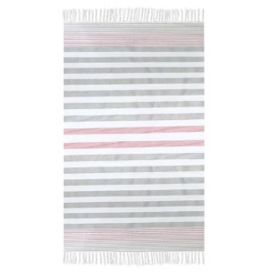 Prosop Hamam pentru Plaja, Model cu Franjuri, 180x90cm, Alb cu Dungi Maro si Roz