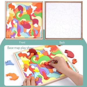 Puzzle 3D tip tetris, cu forme de animale, cu 76 de piese din lemn, pentru copii 3 ani+, 30x30x1.5 cm, multicolor - Img 4