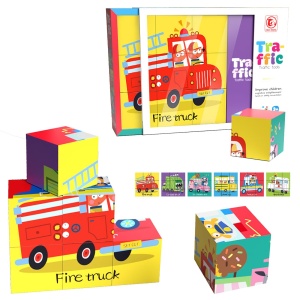 Puzzle 6 in 1, cu 9 cuburi, Tematica Trafic cu Masinute diverse, pentru copii de 3 ani+