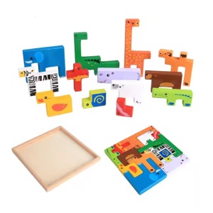 Puzzle educativ pentru copii 2 ani+, tip tetris 3D cu animale, din lemn, 19.6x19.6x1.5 cm, multicolor - Img 4